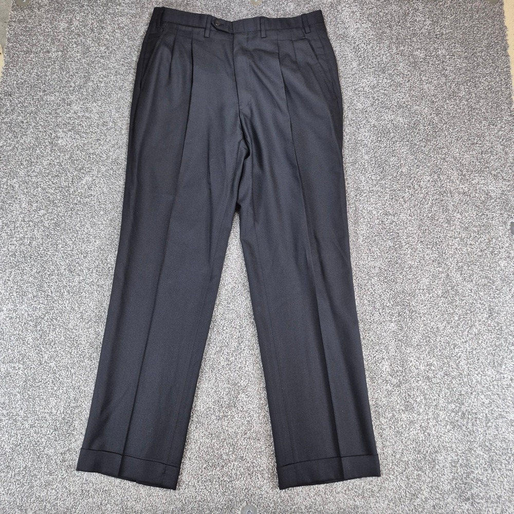 Kiton Napoli Dress Pants Mens 33x31 Black 100% Wool Pleated Cuffed Made in Italy